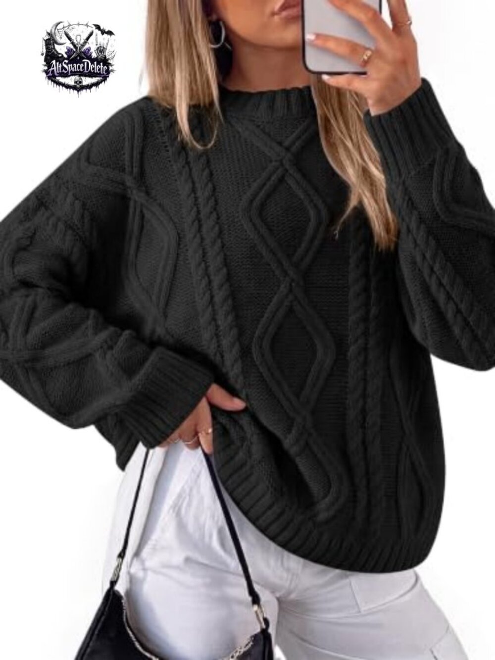 Oversized Cable Knit Sweater Crew Neck Long Sleeve Pullover